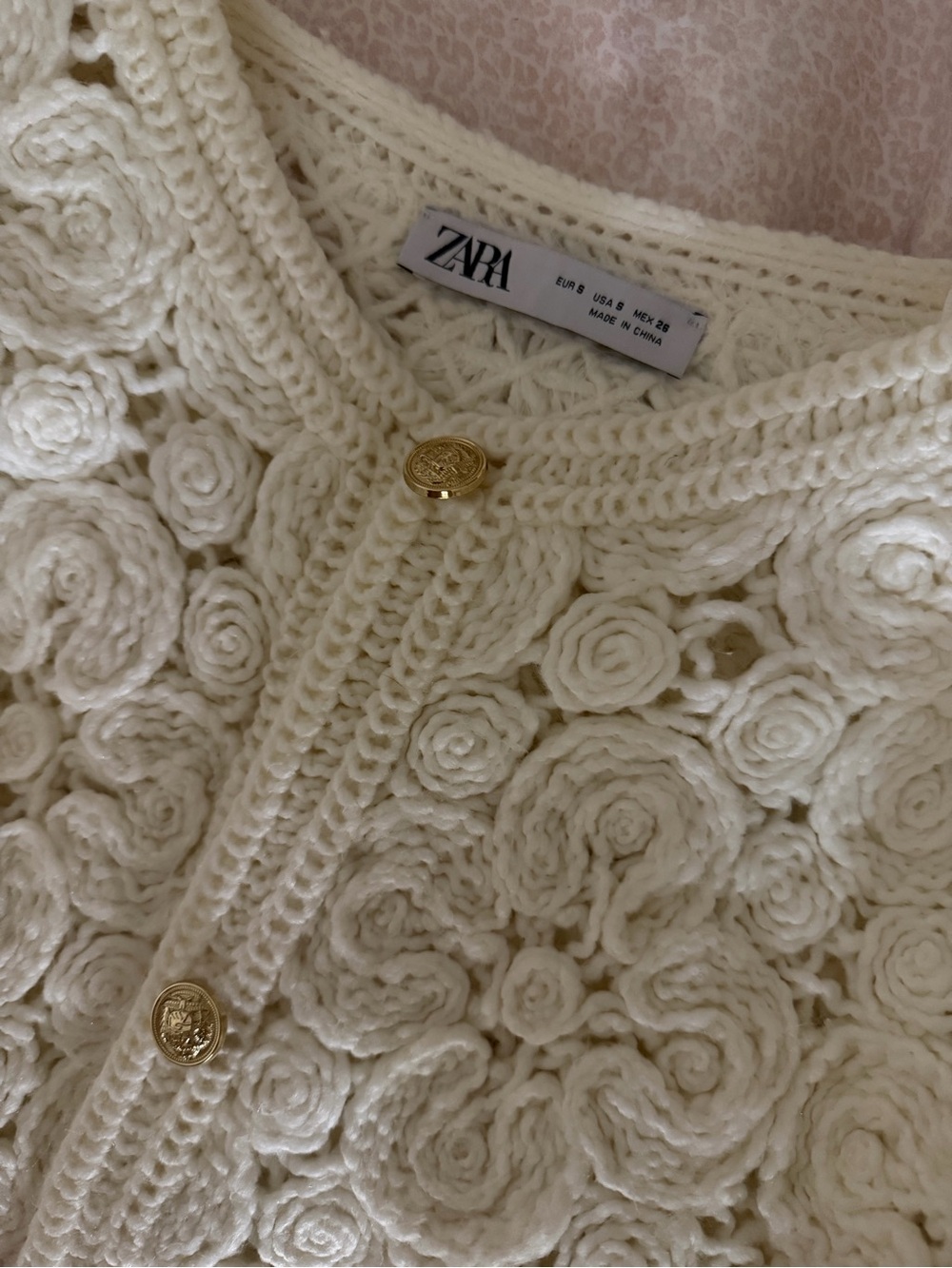Zara Cream Crochet Rose-Embellished Cardigan with Gold Buttons